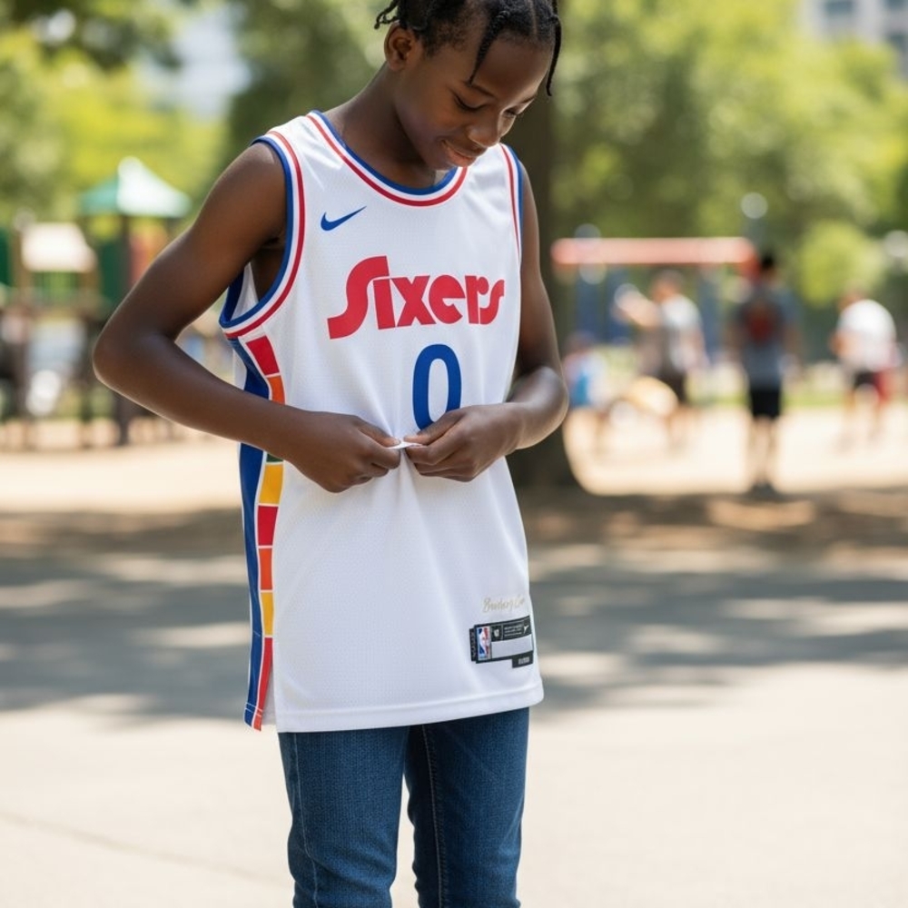 Nike White Sixers Jersey with Red and Blue Accents